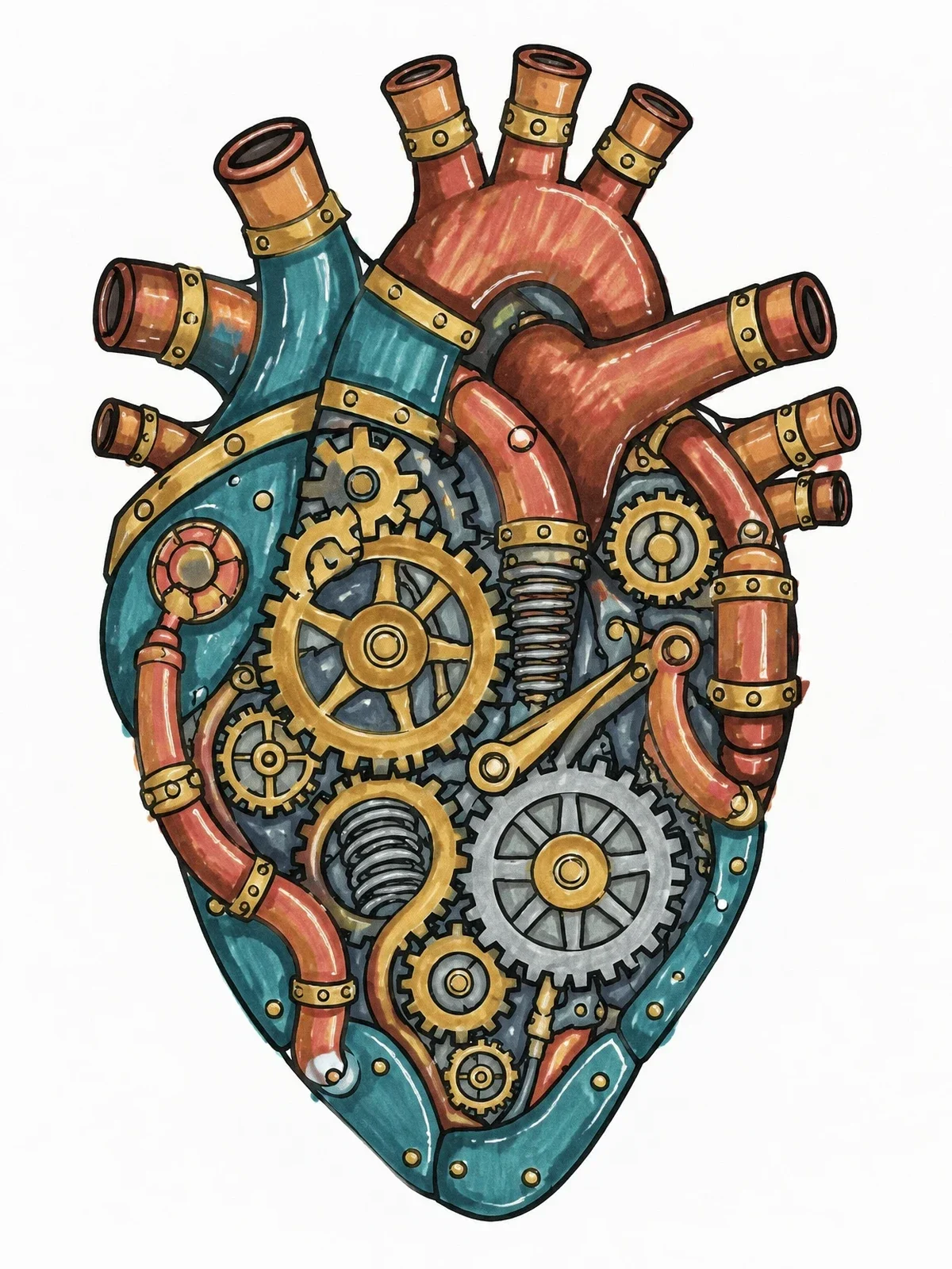 Colored example of the Steampunk Mechanical Human Heart coloring page