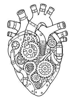 Intricate steampunk human heart coloring page filled with cogs, pipes, and springs.