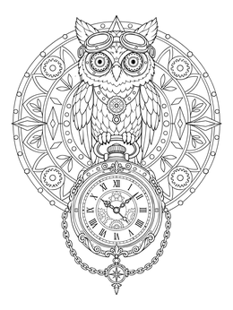 An intricate steampunk owl coloring page perched atop an antique pocket watch.