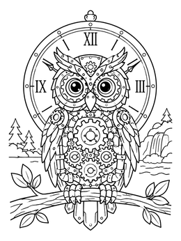 Free printable Mechanical Clockwork Owl On A Branch coloring page