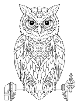 Detailed steampunk owl coloring page perched on a vintage pipe.