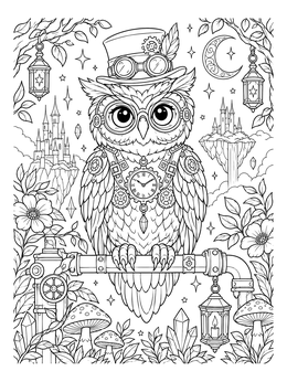Detailed steampunk owl coloring page with clockwork gears and floating castles.