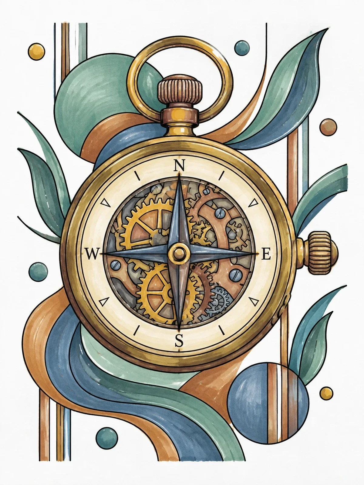 Colored example of the Steampunk Pocket Compass With Gears coloring page