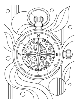 Detailed vintage compass coloring page featuring exposed clockwork gears and abstract background patterns.