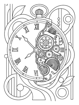 Detailed pocket watch with internal gears in this steampunk gears coloring page.
