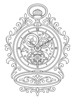 An ornate steampunk gears coloring page showing an open pocket watch mechanism.