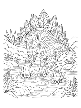 Intricate stegosaurus coloring page showing the patterned dinosaur wading through a stream.