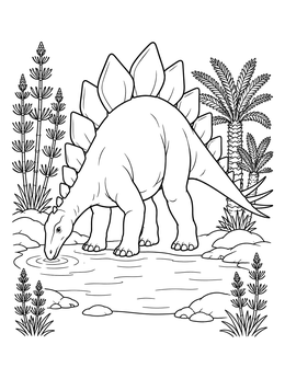A stegosaurus coloring page showing the dinosaur drinking water near prehistoric trees.