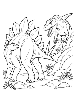 A stegosaurus coloring page showing a defensive stegosaurus confronting a carnivore.