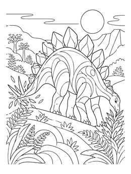 A detailed stegosaurus coloring page showing the dinosaur grazing among ferns in a landscape.