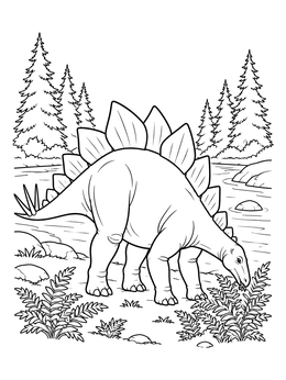 A detailed stegosaurus coloring page featuring the dinosaur eating ferns near a scenic river and pine forest.