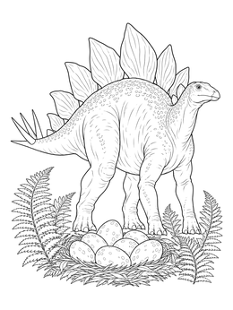 A detailed stegosaurus coloring page featuring a dinosaur guarding a nest filled with eggs.