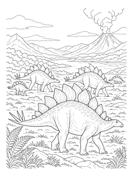 A stegosaurus coloring page featuring a herd wandering across a prehistoric landscape with a volcano.