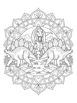 Detailed stegosaurus coloring page with two dinosaurs inside an intricate mandala frame.