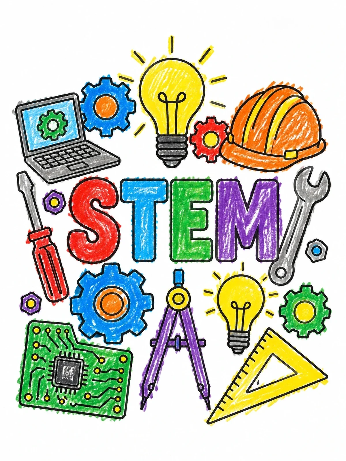 Colored example of the Stem Engineering Doodle Collage coloring page