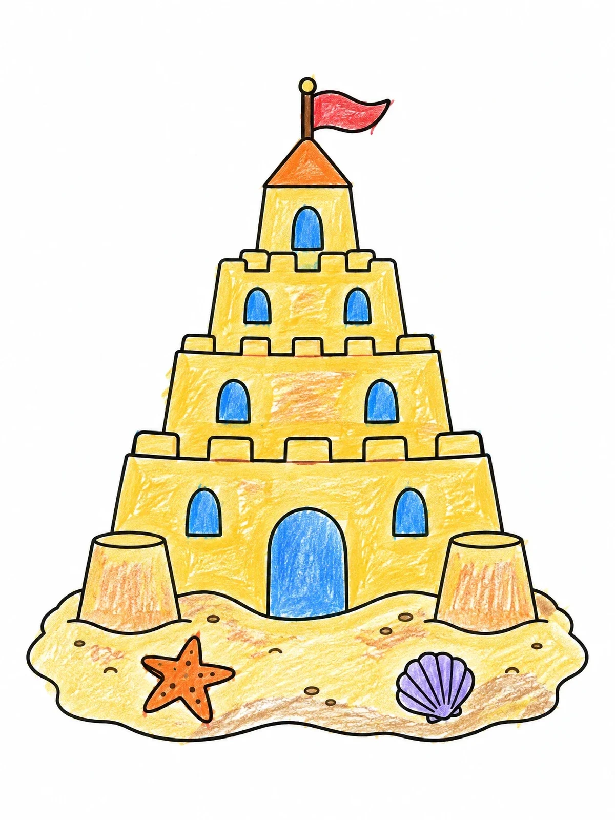 Colored example of the Stepped Sandcastle With Seashell And Starfish coloring page