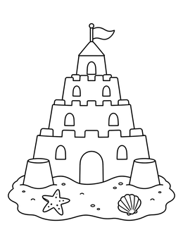 A stepped sand castle coloring page decorated with a starfish, shell, and a flag on top.