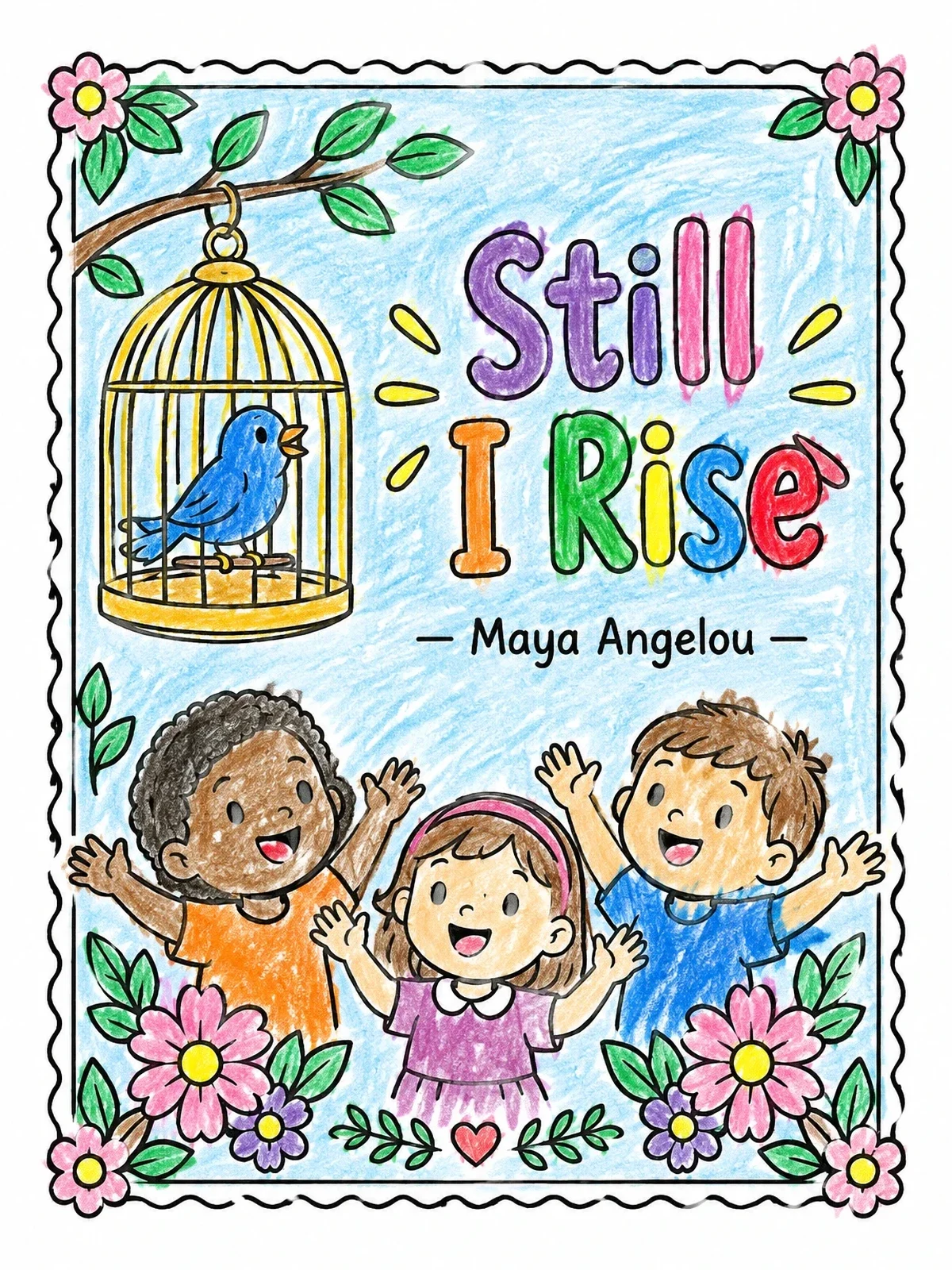 Colored example of the Still I Rise Quote With Children And Bird coloring page