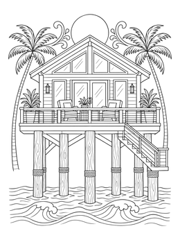 A stilt beach house coloring page overlooking gentle ocean waves with palm trees and a sun.