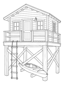 A stilt beach house coloring page with a rope ladder and a kayak parked underneath.