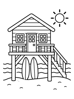 Free printable Stilted Beach Shack With Surfboards coloring page