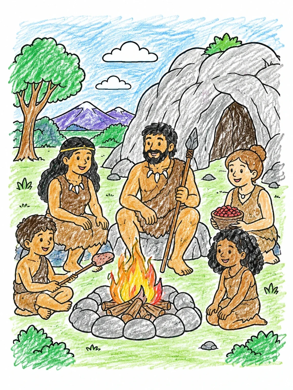 Colored example of the Stone Age Family By The Campfire coloring page