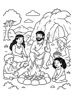 Free printable Stone Age Family By The Campfire coloring page