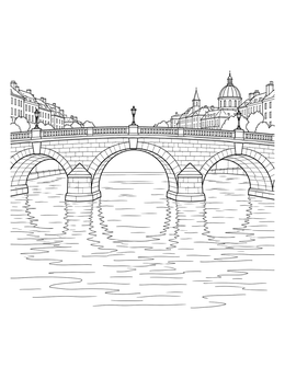 Classic stone bridge coloring page spanning across a calm river before a European cityscape.