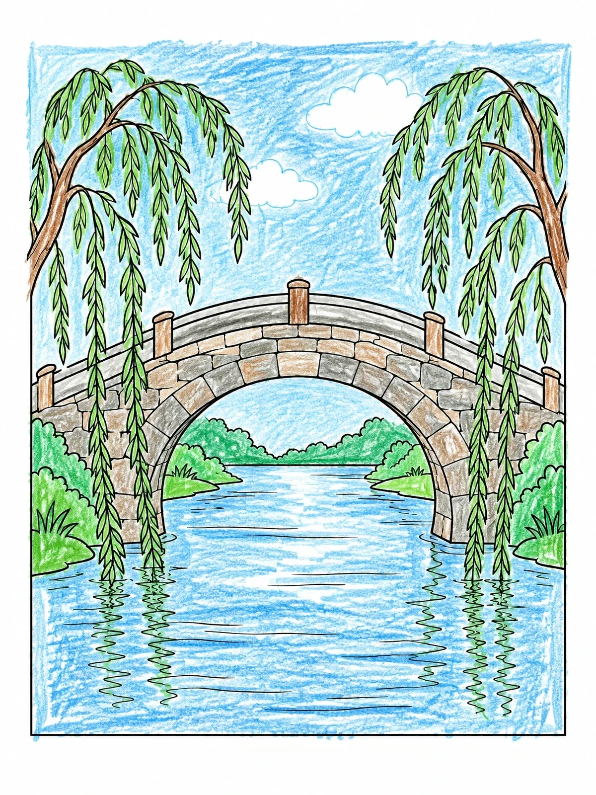Colored example of the Stone Bridge And Weeping Willows coloring page