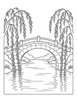 Free printable Stone Bridge And Weeping Willows coloring page