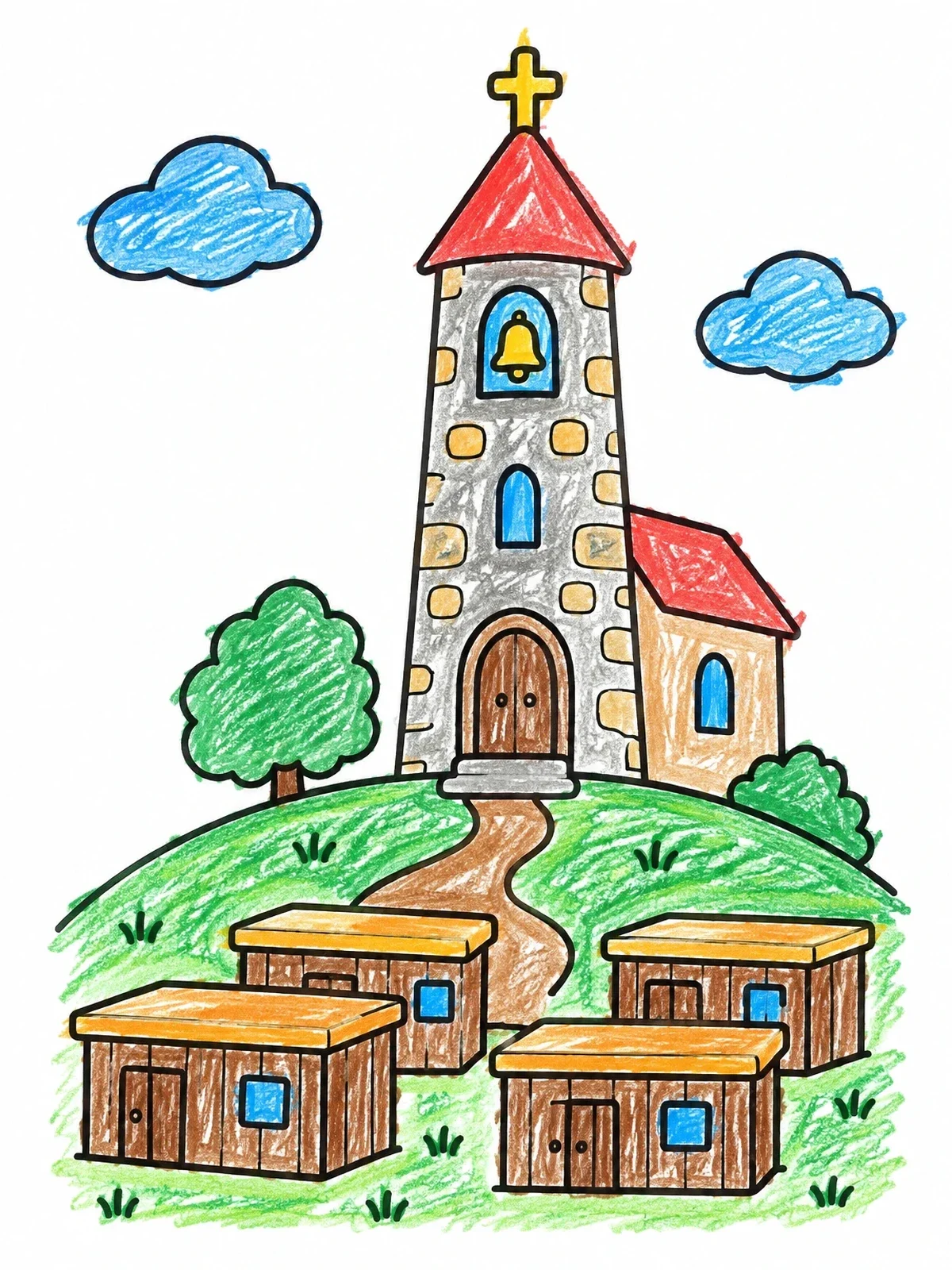 Colored example of the Stone Church Tower And Village Huts coloring page