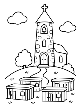 Free printable Stone Church Tower And Village Huts coloring page