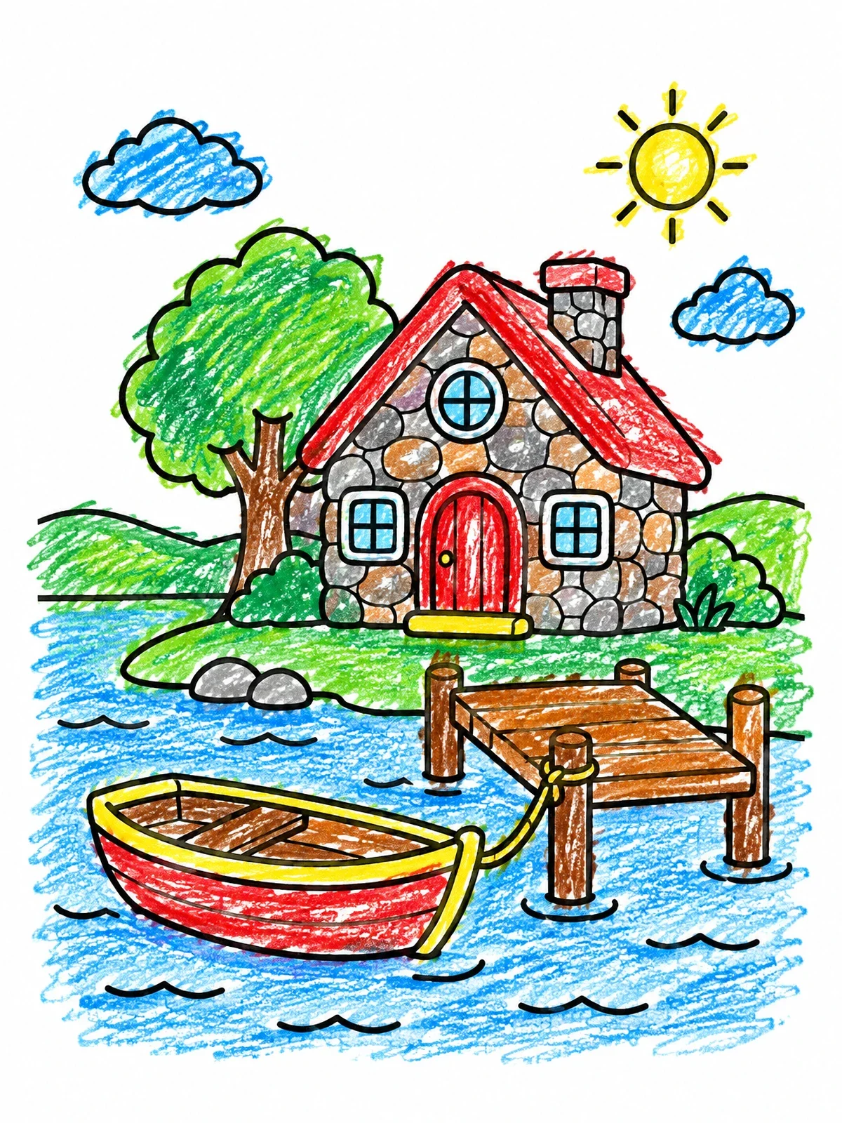 Colored example of the Stone Cottage By The Lake Pier coloring page