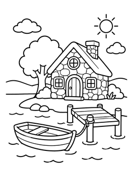 Free printable Stone Cottage By The Lake Pier coloring page