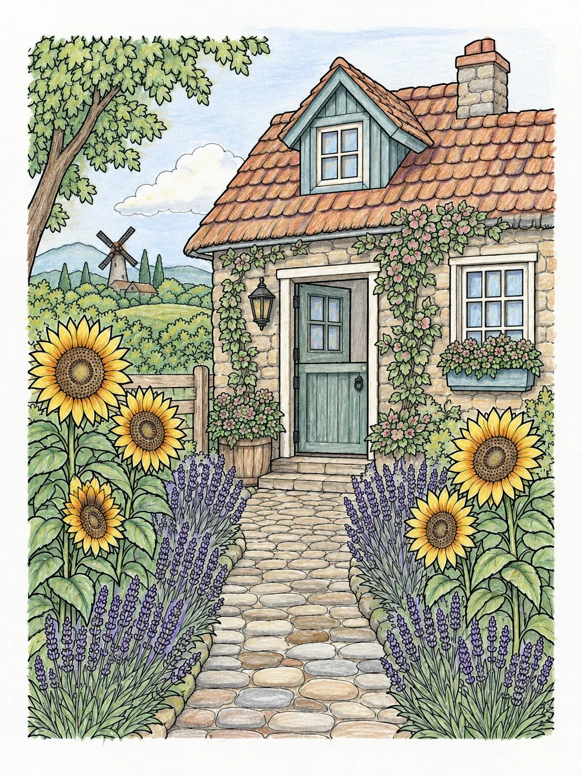 Colored example of the Cottage Garden With Sunflowers And Lavender coloring page
