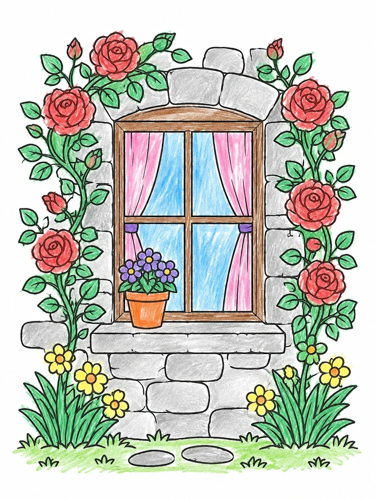 Colored example of the Stone Window Framed With Roses coloring page