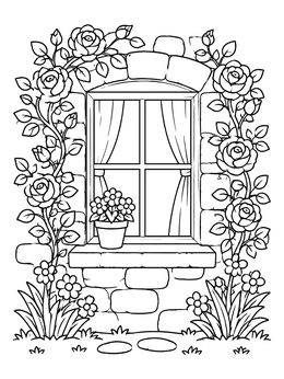 Free printable Stone Window Framed With Roses coloring page