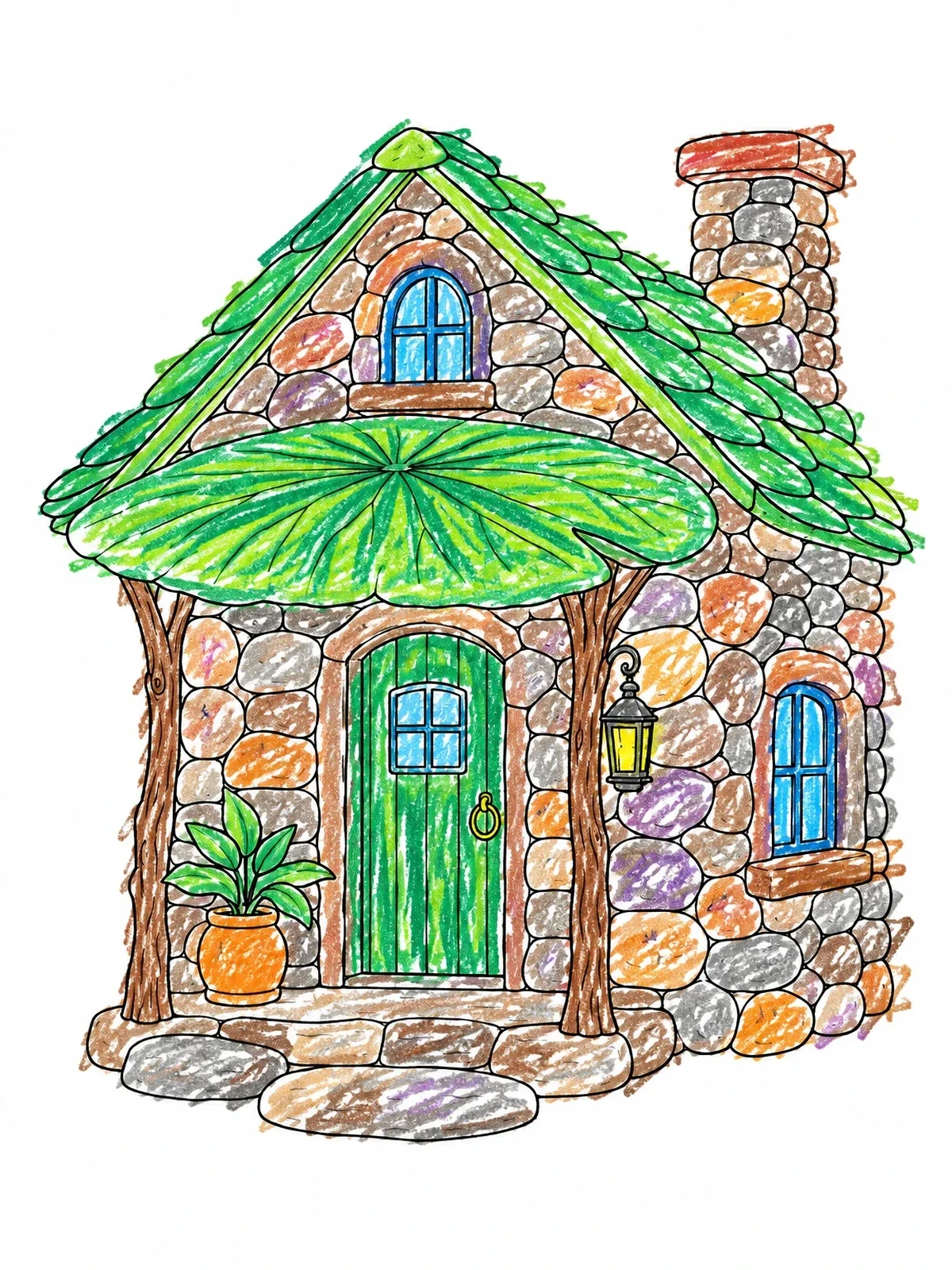 Colored example of the Stone Cottage With Leaf Awning coloring page