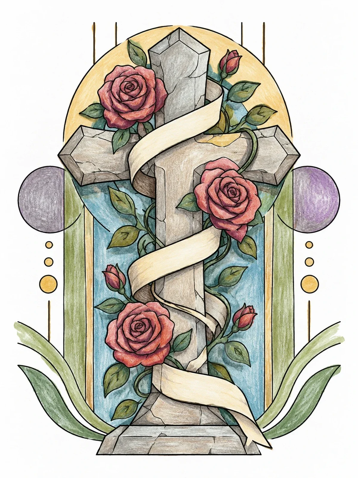 Colored example of the Carved Stone Cross With Blooming Roses coloring page