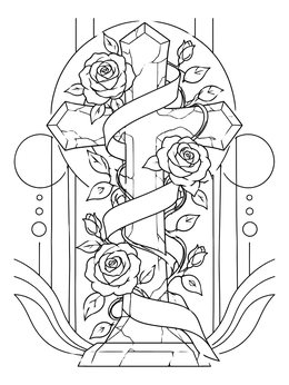 Free printable Carved Stone Cross With Blooming Roses coloring page