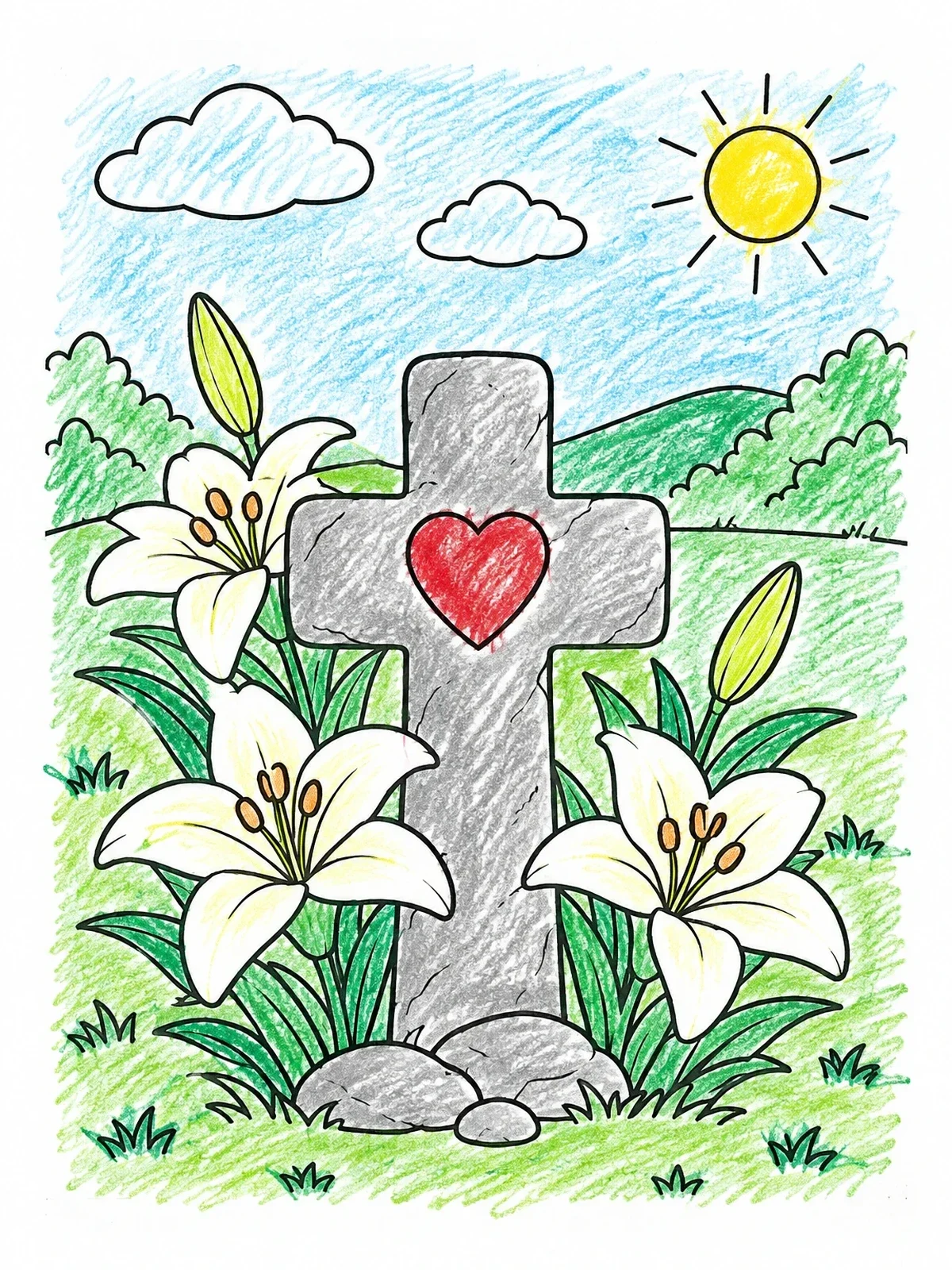 Colored example of the Stone Cross With Heart And Lilies coloring page