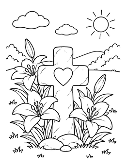 Free printable Stone Cross With Heart And Lilies coloring page