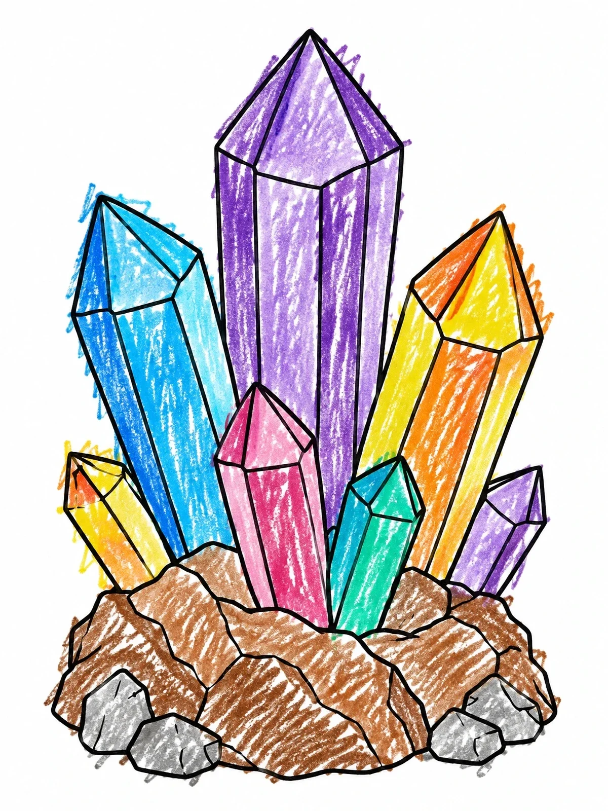Colored example of the Crystal Quartz Mineral Cluster coloring page