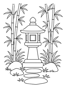 A peaceful stone lantern garden path in this bamboo coloring page.