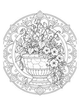 Detailed flower pot coloring page with blooming plants inside an ornate circular frame.