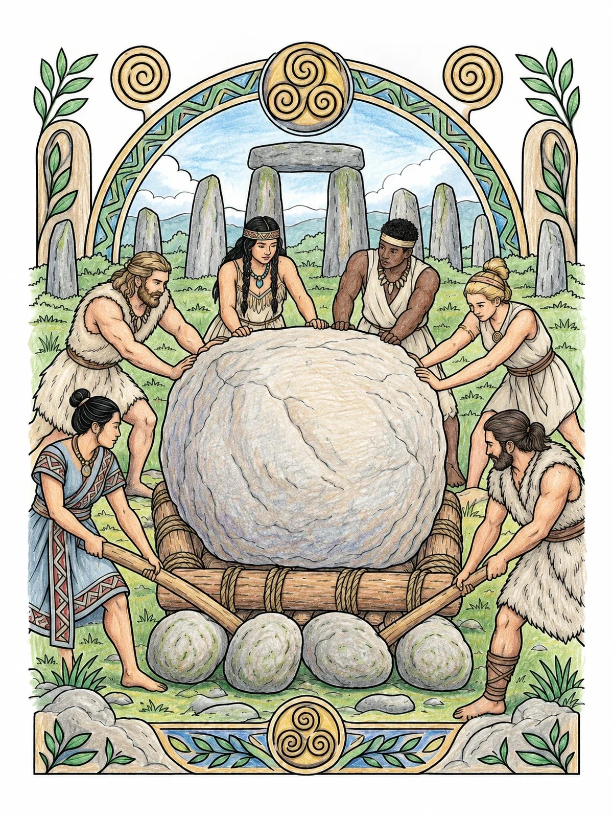 Colored example of the Prehistoric Builders Moving A Megalith coloring page