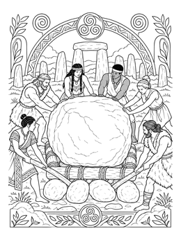 Free printable Prehistoric Builders Moving A Megalith coloring page