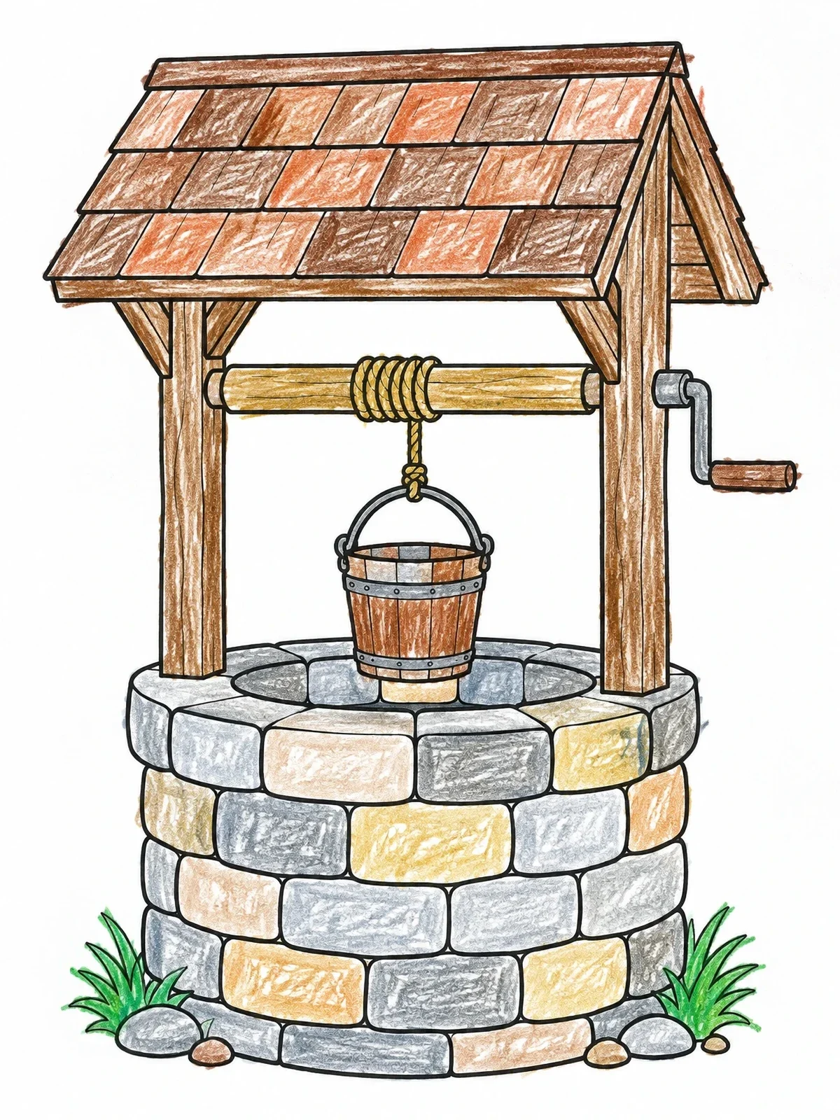 Colored example of the Stone Village Wishing Well coloring page