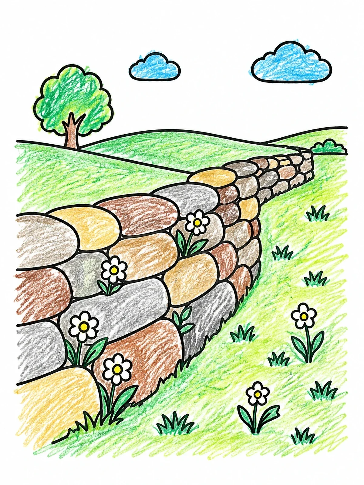 Colored example of the Stone Wall In The Countryside coloring page