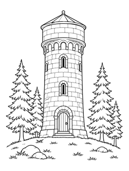 A tall stone water tower coloring page surrounded by pine trees on a grassy hill.
